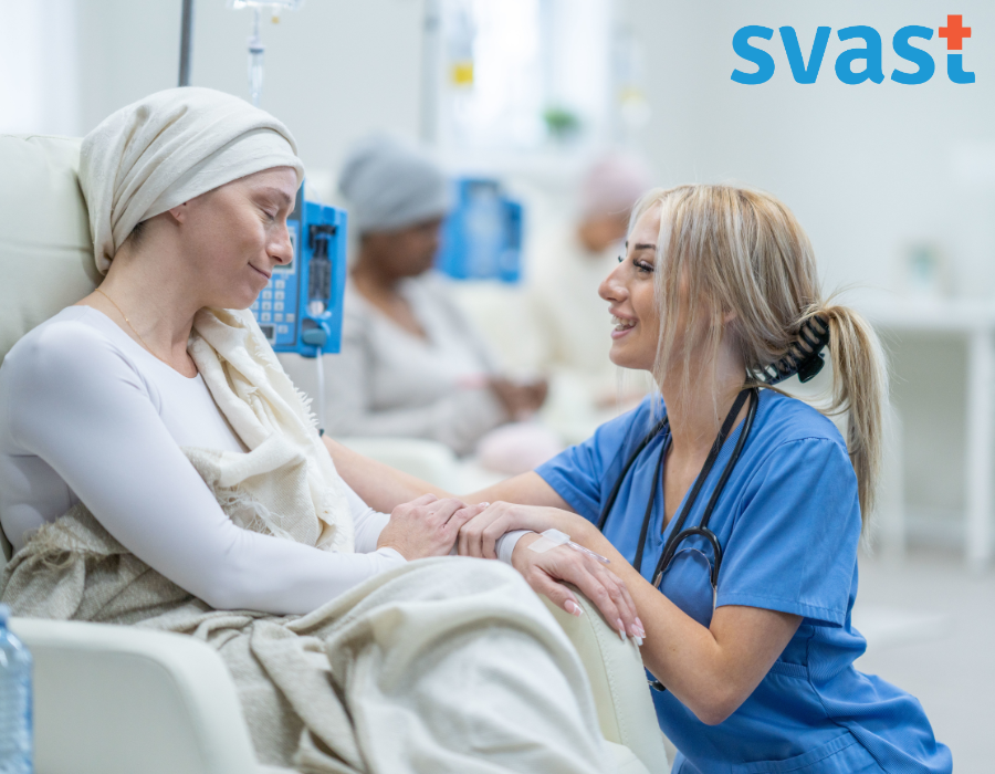 A cancer patient and a doctor representing Oncology.